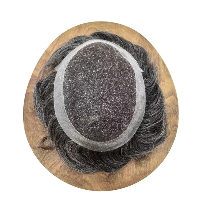 FACE MIRACLE Toupee for Men French Lace Hairpiece Human Hair Replacement System Skin PU Mens Toupee V-Looped Front Hair Piece 6"X8" #1B30 1B# OFF BLACK WITH 30% SYNTHETIC GREY-80% Light Density