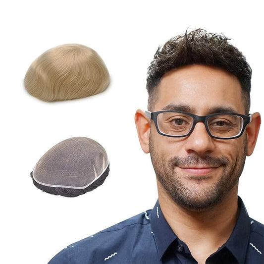 Lordhair Toupee for Men European human hair Full French Lace Hairpieces，Base Size 8x10 inch Hair Replacement System for Men Natural Hairline Human Hair Wig #22 Light Blond