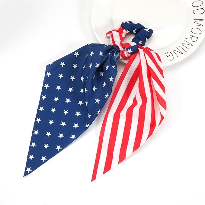 4th of July Hair Ties for Women Girls Independence Day American Flag Hair Scrunchies Red White and Blue Star Patriotic Hair Tie Memorial Day Ribbon Hair Bows