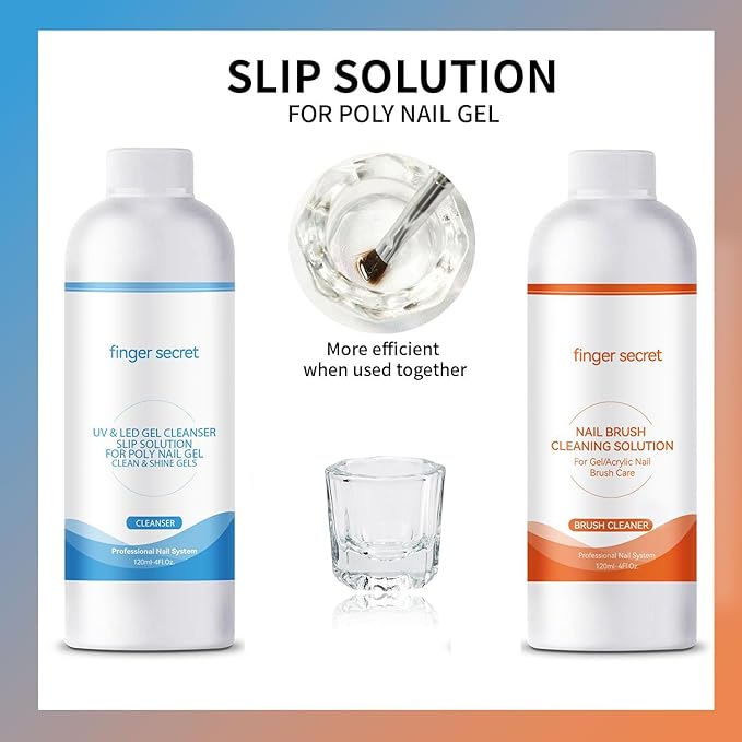 Slip Solution Kit Slip Solution & Nail Brush Cleaner Slip Solution for Poly Gel Nails Quickly Clean Nail Brushes with Glass Cup Nail Cleaning pads Easy DIY Poly Gel Nail at Home