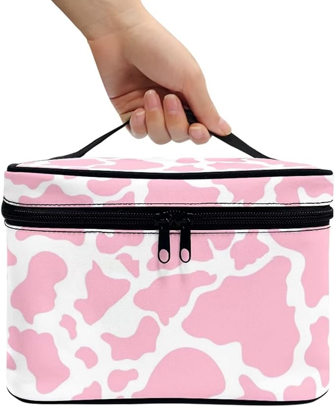 JoyLamoria Pink Cow Print Cosmetic Bag Portable Makeup Case Tote Pouch Accessories