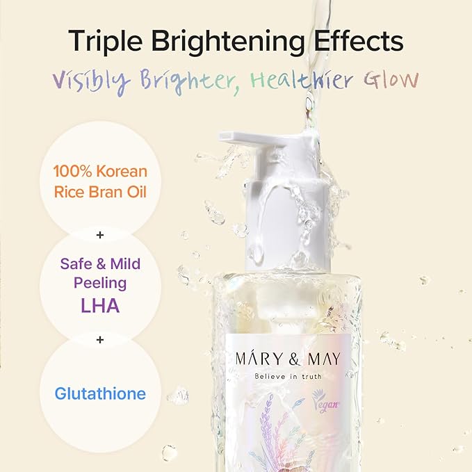 Mary&May Rice + Glutathione LHA Cleansing Oil | Daily Makeup Remover | Removes Impurities, Sebum & Clogged Pores | Double Cleanse | Gentle Exfoliation for Sensitive Skin | Korean Skincare | 6.76 fl oz
