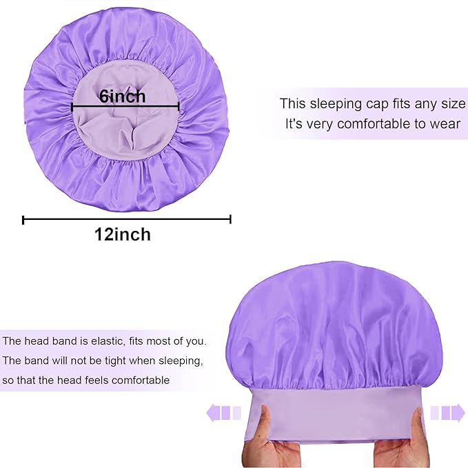 4Pcs Silk Hair Bonnets for Sleeping - Elastic Wide Band Satin Hair Wrap for Sleeping Black Women Men,Silk Bonnets for Curly Hair,Sleep Cap (Purple & Pink & Sapphire Blue & Black)
