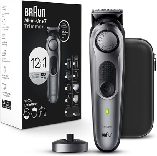 Braun All-in-One Men's Shaving Kit Series 7 7440, 12-in-1 Beard, Face, Nose, Ear Trimmer, Hair Clippers, Body Groomer and Manscaping + Travel Case + Charging Stand, Holiday Gifts for Men