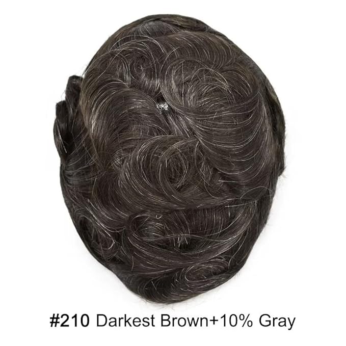 FACE MIRACLE Toupee for Men French Lace Hairpiece Human Hair Replacement System Skin PU Mens Toupee Hair Wigs for Man V-Looped Front 6"x8",#210 6"X8" #1B60 Off Black with 60% Gray-80% Light Density