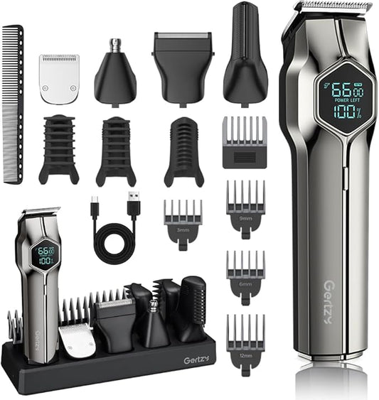 5-in-1 Electric Beard Trimmer Body Hair Trimmer Kit, Professional Cordless Hair Clippers for Men Rechargeable, IPX7 Waterproof Mens Grooming Kit for Face, Mustache, Body, Nose, Gifts for Men (Silver)