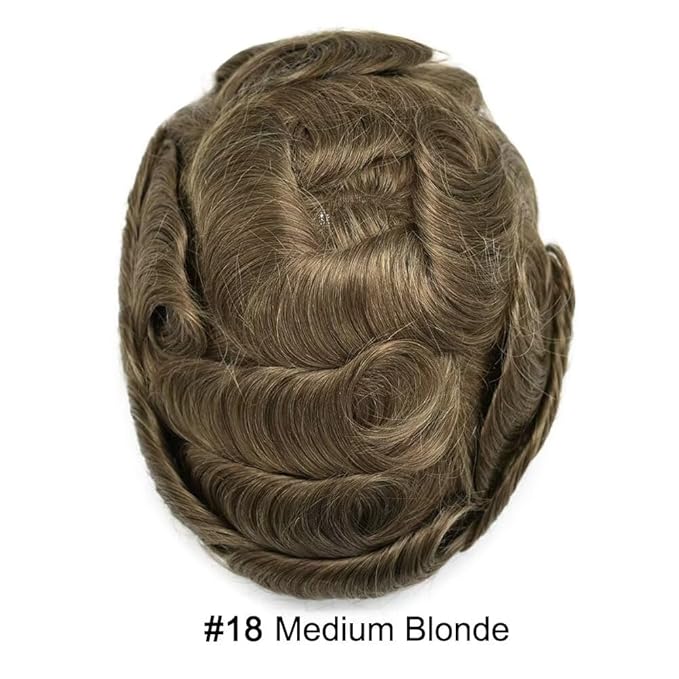 FACE MIRACLE Toupee for Men Lace Center Mens Toupee Hairpiece for Man Human Hair Replacement System Lace Center with Poly around Hair Units Mens Wig Hair Prosthesis 6"X8" #18 Medium Blonde