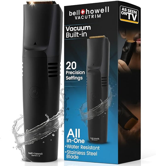 Vacutrim Cordless Mens Beard Trimmer, Rechargeable Electric Shaver with 20 Trim Setting Calibration Dial and Built-in Vacuum for Mustache, Sideburns. Facial Hair, Black, 7.5", As Seen On TV