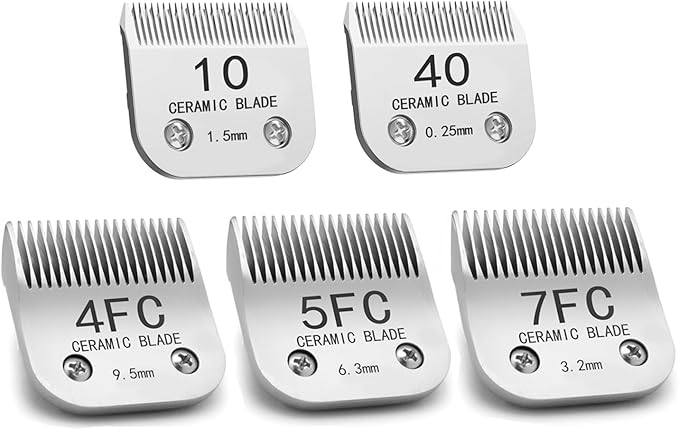 Docal Detachable Clipper Ceramic Blades 10#/40#/4FC/5FC/7FC Silver, Dog Grooming Clipper Replacement Blades Compatible with KM Series Clippers, Most A5, Cut Length 0.25mm to 9.5mm, 5 Packs