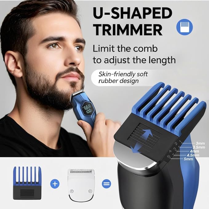 5-in-1 Electric Beard Trimmer Body Hair Trimmer Kit, Professional Cordless Hair Clippers for Men Rechargeable, IPX7 Waterproof Mens Grooming Kit for Face, Mustache, Body, Nose, Gifts for Men (Blue)