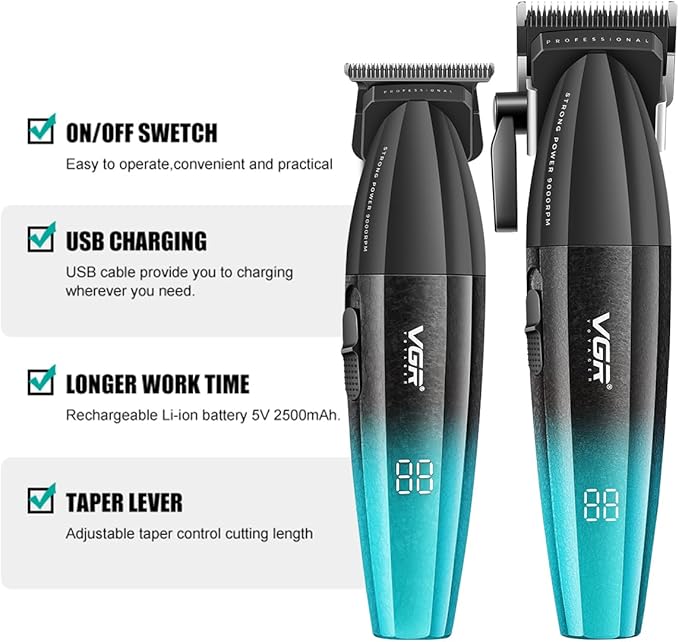 VGR 640S2 Professional Hair Clippers for Men, 9000RPM Cordless Barber Clippers and Trimmers Set, Zero Gap T-Blade Hair Cutting Kit, DLC Coated Ceramic Blade Barber Kit with LED Display(Green)