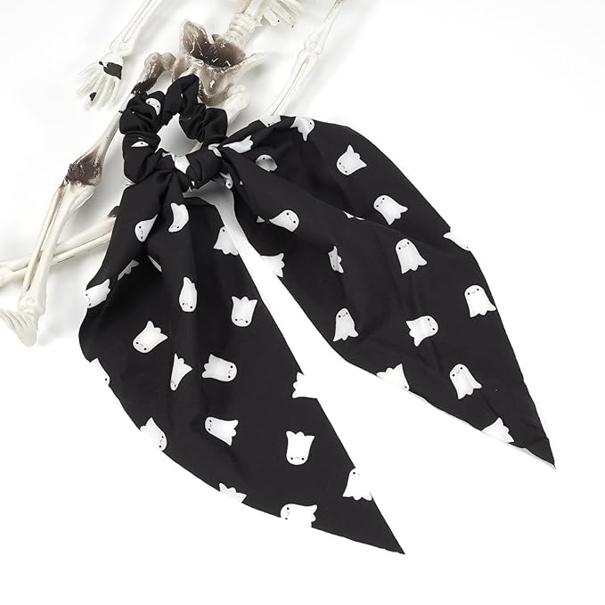 Halloween Hair Ties for Women Girls Soft Fall Ghosts Hair Scrunchies Spooky Black White Hair Tie Ribbon Hair Bows Ponytail Holder Hair Accessories