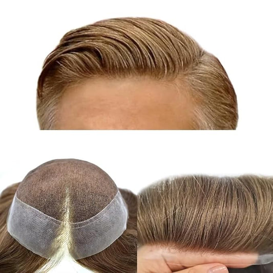 FACE MIRACLE Toupee for Men French Lace Hairpiece Human Hair Replacement System Skin PU Mens Toupee Hair Wigs for Man V-Looped Front Hair Prosthesis 7"X9" 17R#BROWN/BLONDE MIX WARM TONE