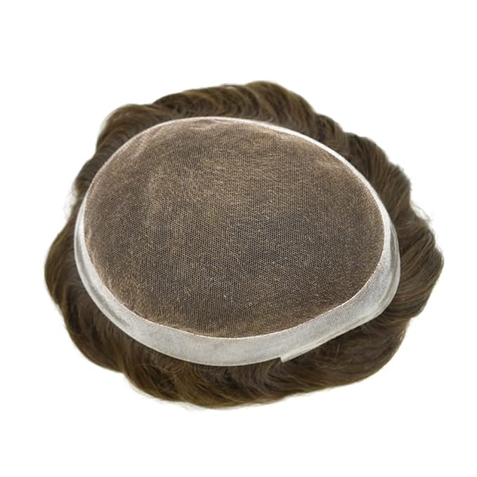 Toupee for Men French Lace Mens Toupee Human Hair Replacement Systems Lace Center with PU Around Hair Piece V-Looped Front Male Hair Prosthesis 7"X9" 4# MEDIUM BROWN