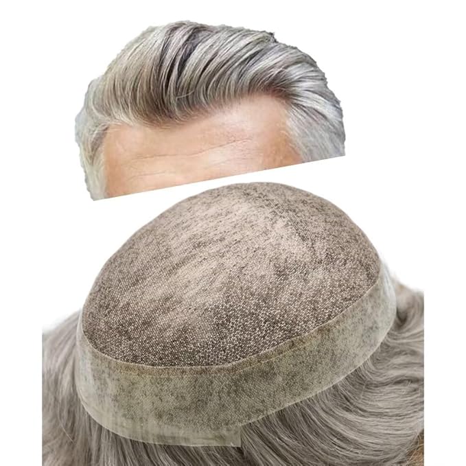 Toupee for Men French Lace Center Human Hair Replacement Systems Transparent Lace Center Hair Piece Mens Toupee Hair Units for Man V-Looped Front Male Hair Prosthesis 6"X9" #60RY
