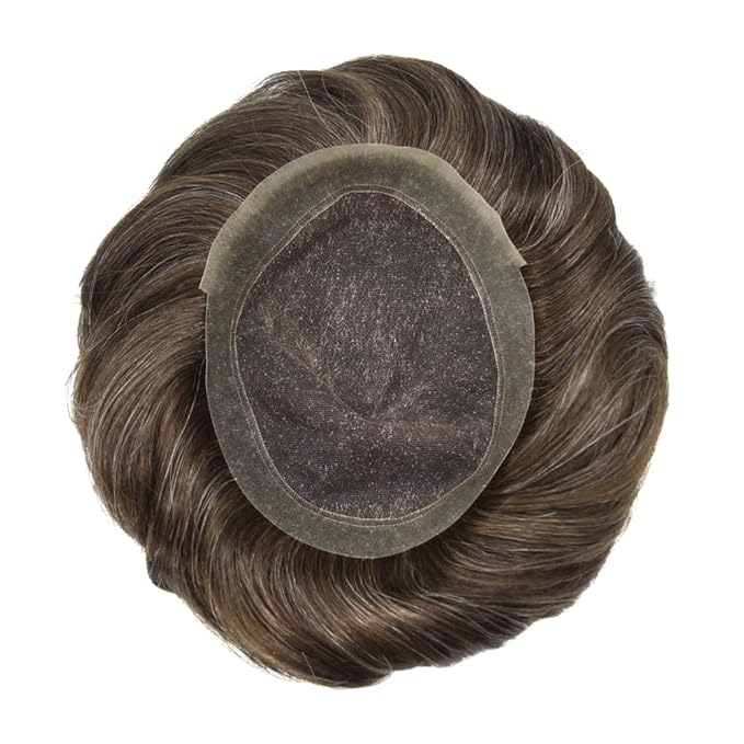 FACE MIRACLE Mens Toupee Lace Front Hairpieces Soft Human Hair Replacement System Toupee for Men French Lace Poly V-Looped Mens hair Units 6"X8" #320 3# DARK BROWN WITH 20% SYNTHETIC GREY