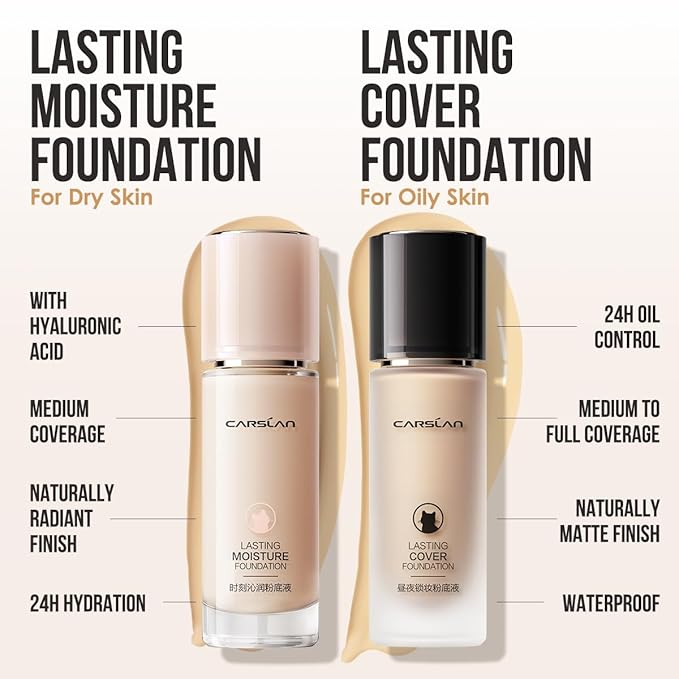 CARSLAN Lasting Moisture Foundation, 24H Longlasting Medium Coverage Dewy Finish Face Makeup, Poreless, Lightweight, Waterproof, Oil Free Liquid Foundation, P02