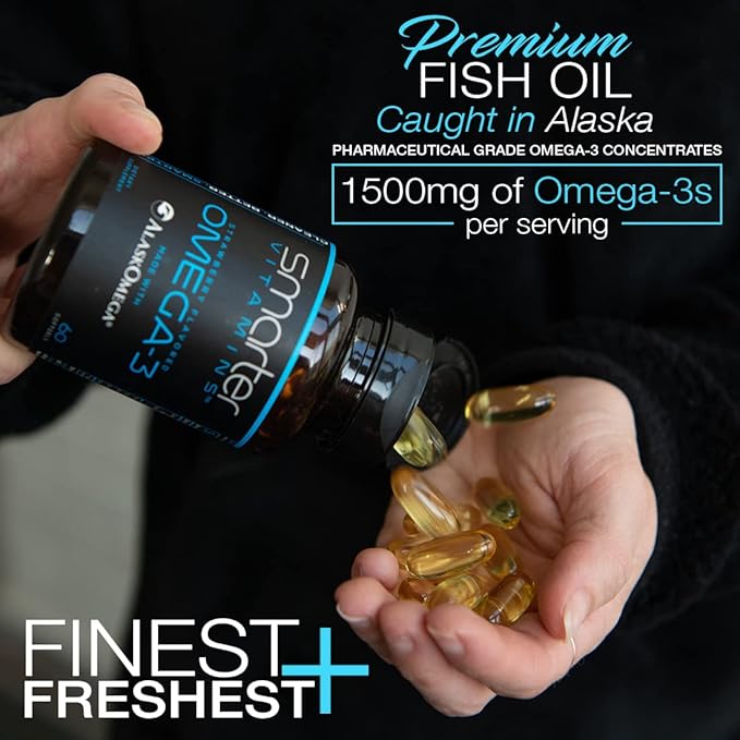 SmarterVitamins Omega 3 Fish Oil, Strawberry Flavor, Burpless, Tasteless, 2000mg, DHA EPA Triple Strength, Made with AlaskOmega®