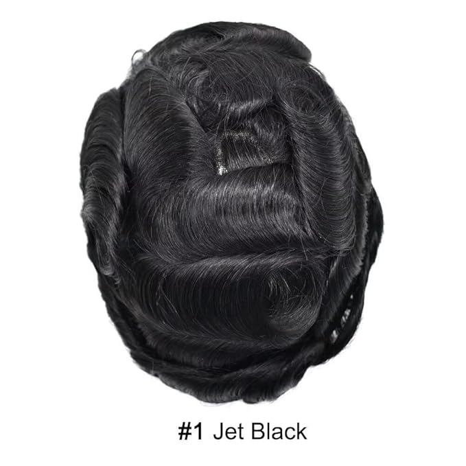 FACE MIRACLE Toupee for Men French Lace Hairpiece Human Hair Replacement System Skin PU Mens Toupee Hair Wigs for Man V-Looped Front Hair Prosthesis 6"X8" 1# JET BLACK