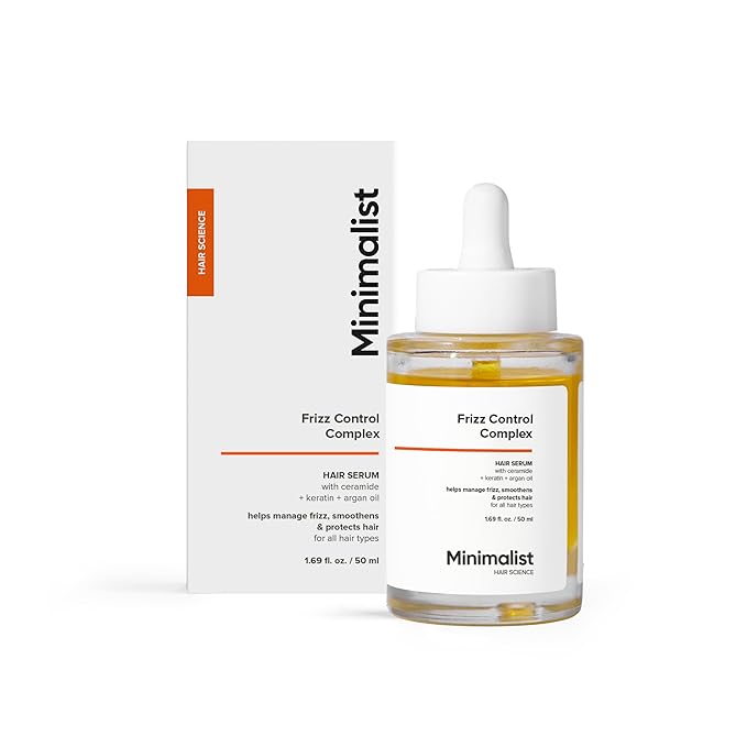 Minimalist Frizz Control Complex with Keratin, Argan Oil & Ceramide | Helps Manage Frizz, Smoothens & Protects Hair | Suitable for All Hair Types | 1.69 Fl Oz / 50 ml