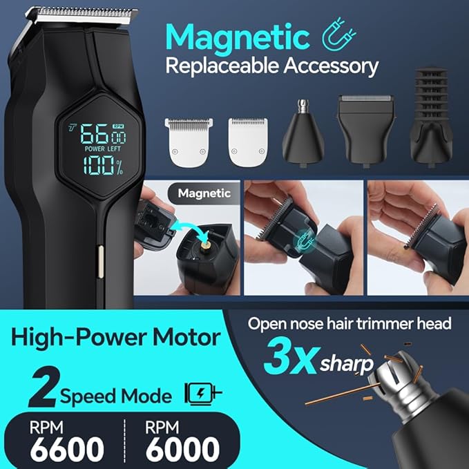 5-in-1 Electric Beard Trimmer Body Hair Trimmer Kit, Professional Cordless Hair Clippers for Men Rechargeable, IPX7 Waterproof Mens Grooming Kit for Face, Mustache, Body, Nose, Gifts for Men (Black)