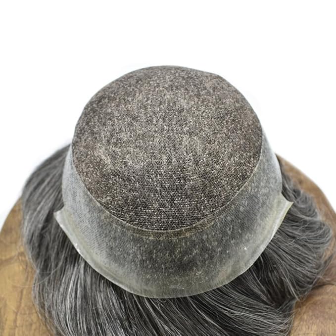 FACE MIRACLE Toupee for Men French Lace Hairpiece Human Hair Replacement System Skin PU Mens Toupee Hair Wigs for Man V-Looped Front Hair Prosthesis 7"X9" #1B50 1B# OFF BLACK WITH 50% SYNTHETIC GREY