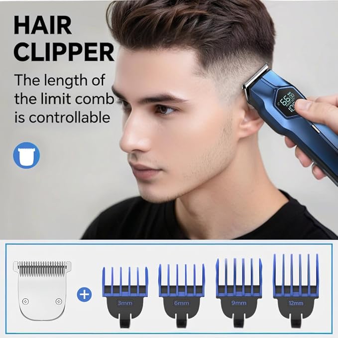 5-in-1 Electric Beard Trimmer Body Hair Trimmer Kit, Professional Cordless Hair Clippers for Men Rechargeable, IPX7 Waterproof Mens Grooming Kit for Face, Mustache, Body, Nose, Gifts for Men (Blue)