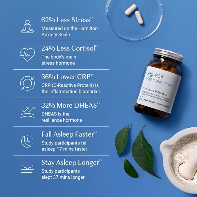 AlgaeCal Magnesium Relax™ - Chelated Magnesium with Ashwagandha for Sleep & Occasional Anxiety - Glycinate, Malate, Citrate - Sleep, Mood, & Cortisol Support (60 Caps - 1 Month Supply)