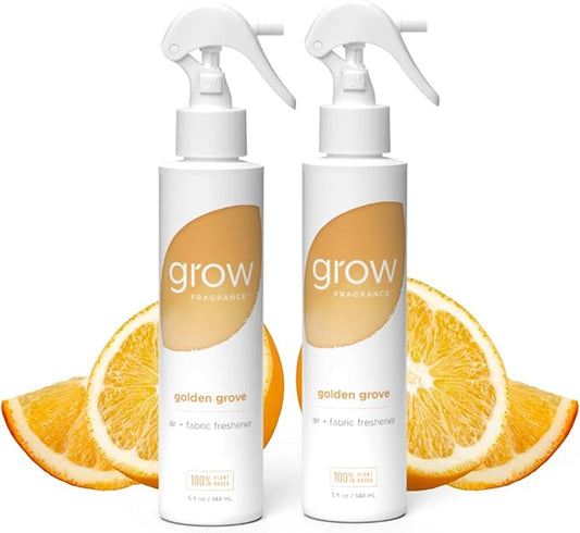 Grow Fragrance 100% Plant-Based Air Freshener Spray | Freshen Fabric & Rooms | Golden Grove Scent - Citrus, Fruits, Watery Green Notes | Made with Natural Essential Oils - 2 Pack, 5 oz each