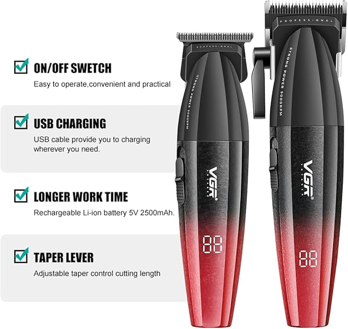 VGR 640 Professional Hair Clippers for Men, 9000RPM Cordless Barber Clippers and Trimmers Set, Zero Gap T-Blade Hair Cutting Kit, DLC Coated Ceramic Blade Barber Kit with LED Display(Red)