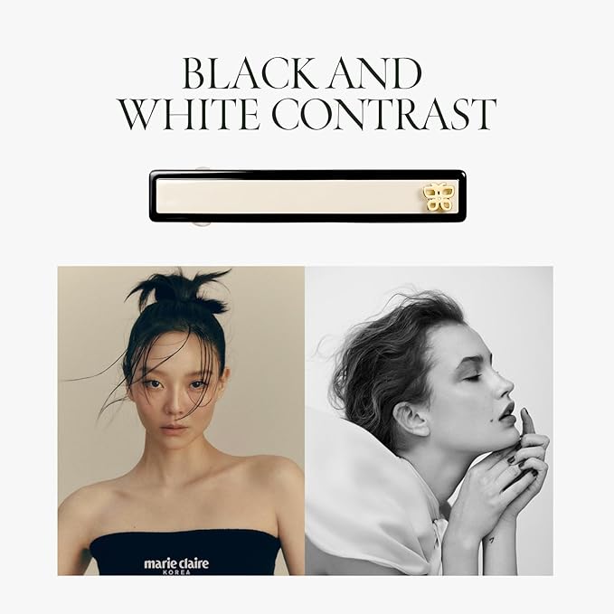 SHE'S FREE STYLE JUST FOR YOU [Chanel-style] Hair Barrettes for Women, Acetate Resin Barettes, Classic Black & White, French Hair Accessories for Thin Hair, Anti-Slip for Half-Hair (Small,3.1 inch)