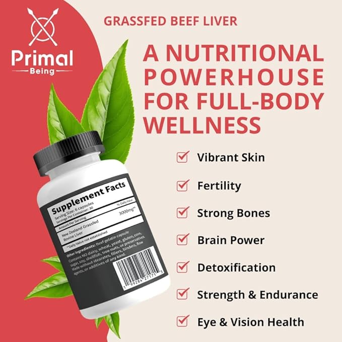 Primal Being Grassfed Beef Liver - 3000mg Freeze Dried Capsules - Pasture Raised in New Zealand - Natural Beef Organ Supplement - Liver Supplement for Energy and Wellness - 180 Count