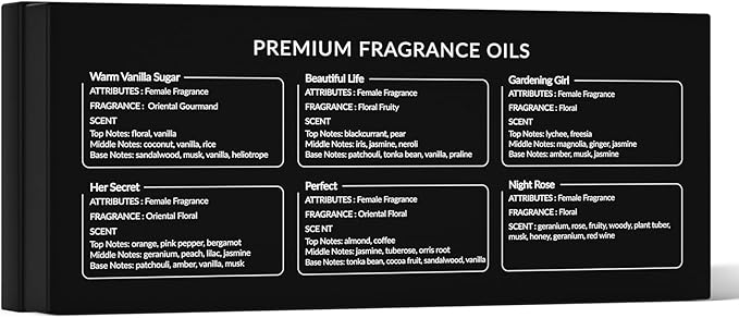 HIQILI Women Fragrance Oil 6x10ml, Essential Oils for Candle Scents Soap Making & Diffuser, Sweet Flowers Scented Oil Set for Aromatherapy Slime Wax Home Car