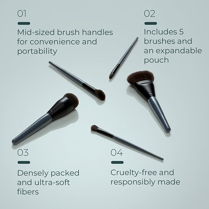 Rose and Ben Beauty Essential 5 Piece Makeup Brush Set and Travel Case | Professional Eye and Face Brushes for Liquid, Cream and Powder Formulas | Cruelty Free