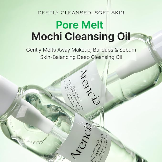 ARENCIA Pore Melt Mochi Makeup-Removing Cleansing Oil, Non-Comedogenic, Rice Amino Acids HD, Vitamin E, Cica, & Ceramide, 6.76 fl oz