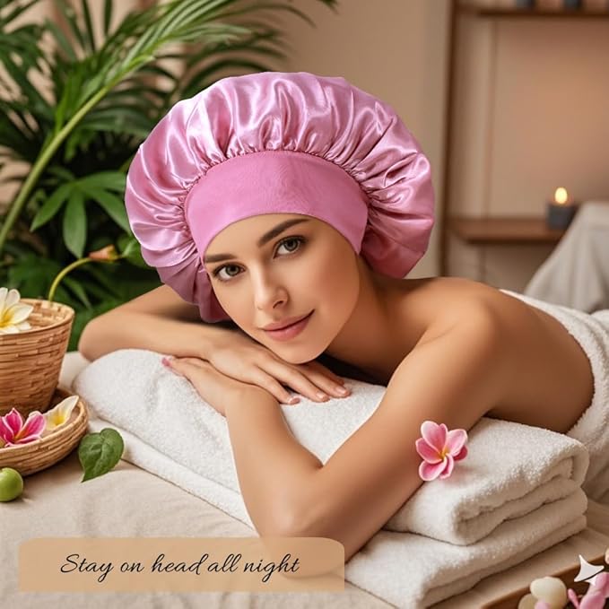 3+3 Large Satin Bonnets with Scrunchies for Women, Wide Band Hair Bonnet for Sleeping Braids Curly Hair