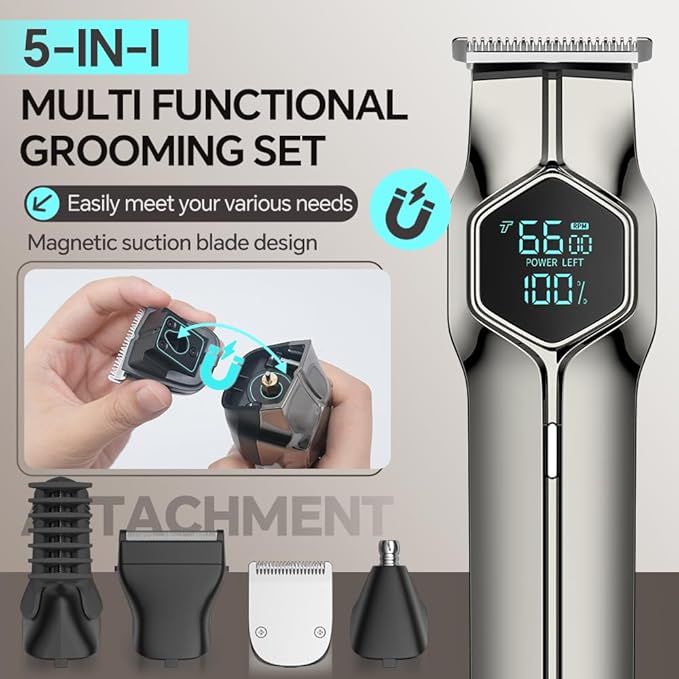 5-in-1 Electric Beard Trimmer Body Hair Trimmer Kit, Professional Cordless Hair Clippers for Men Rechargeable, IPX7 Waterproof Mens Grooming Kit for Face, Mustache, Body, Nose, Gifts for Men (Silver)