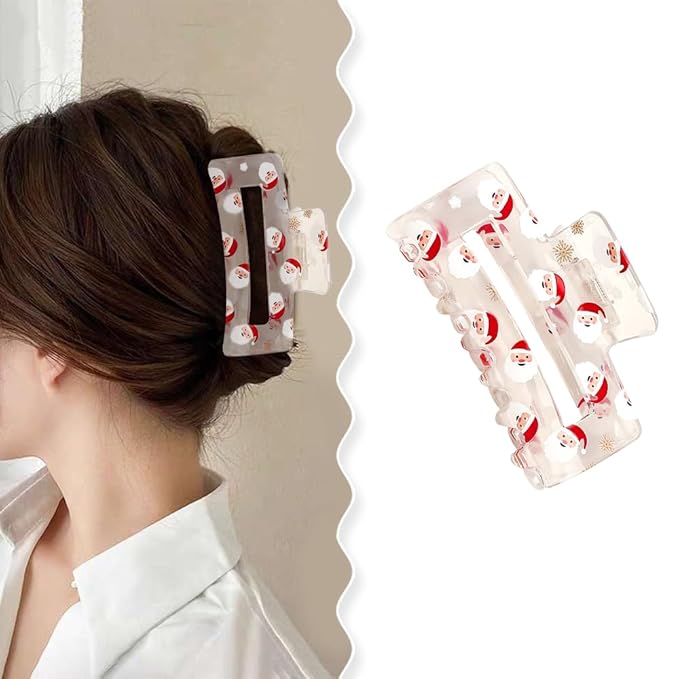Christmas Hair Clips, Xmas Santa Claus Claw Clips, Rectangular Large Hair Claw Clips for Thick/Thin Hair, Transparent Father Christmas Design Medium Hairpin, Cute Hair Accessories