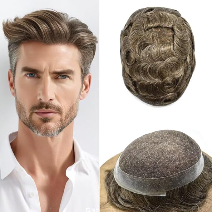 FACE MIRACLE French Lace Mens Toupee Human Hair System Lace Center Toupee for Men Thin Skin PU Around Hair Replacement System V-Looped Mens Hair Wig 6"X9" #760 7# VERY LIGHT BROWN WITH 60% GREY