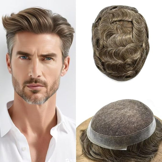 FACE MIRACLE Mens Toupee Lace Front Hairpieces Soft Human Hair Replacement System Toupee for Men French Lace Poly V-Looped Mens hair Units 6"X9" #740 7# VERY LIGHT BROWN WITH 40% SYNTHETIC GREY