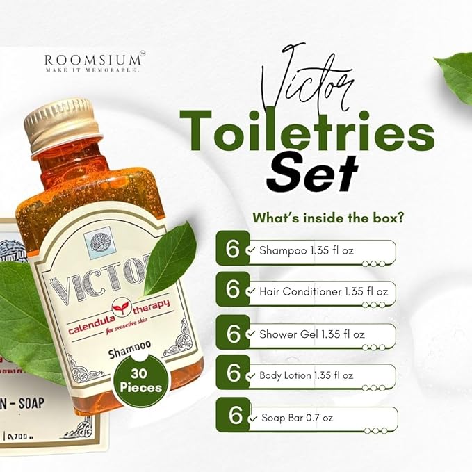 Victor 30-Piece Toiletries Set – Vacation Rental Essentials – Mini Soaps & Travel Size Soap Bars – Bulk Shampoo, Conditioner, Shower Gel & Lotion – Mini Soap Bars Bulk Hotel Toiletries Pack