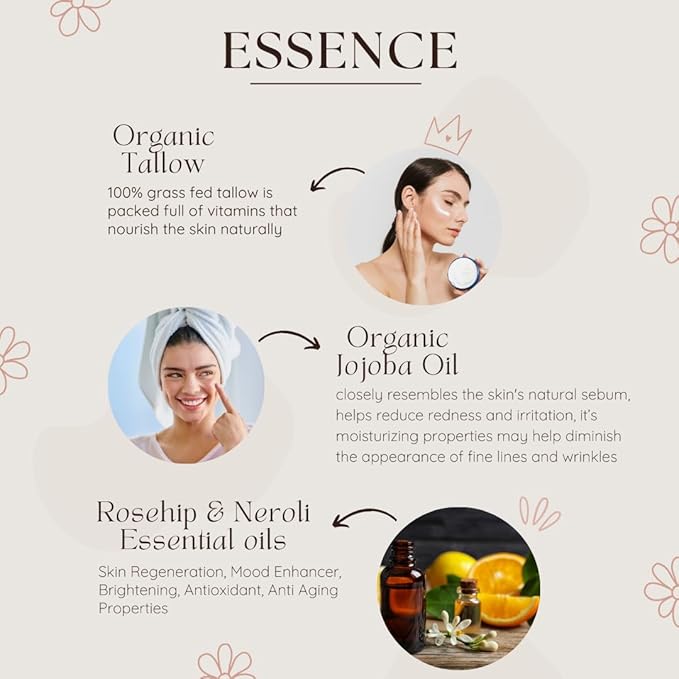 Essence - Whipped Tallow Moisturizer - Neroli (Sweet Orange) - 100% Natural Grass-Fed Tallow & Organic Jojoba. Chemical-Free. Face & Body for Dry, Sensitive & Eczema-Prone Skin. 1.7 oz