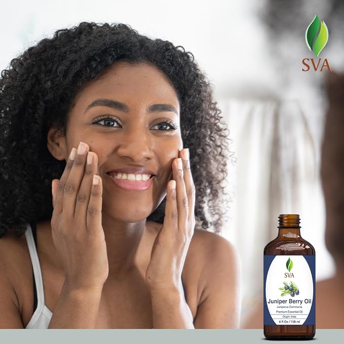 SVA Juniper Berry Essential Oil – 4 Fl Oz – 100% Natural Juniper Oil - for Diffuser, Hair Care, Face, Skin Care, Aromatherapy, Scalp and Body Massage, Soap and Candle Making – with Dropper