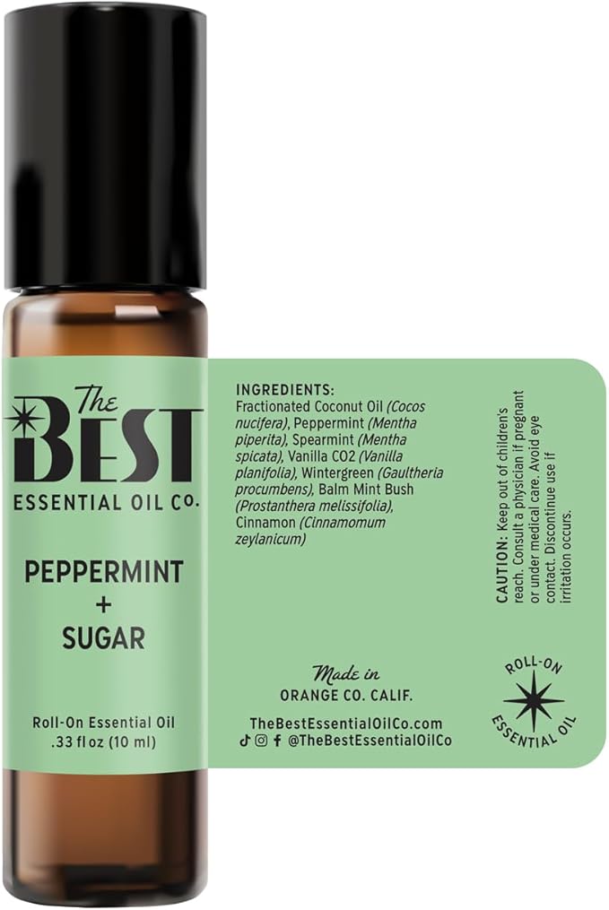 The Best Peppermint + Sugar Essential Oil Roll-On Blend- Premium Grade- Pre-Diluted in Coconut Oil- Ready to Use- 10 ml (.33 fl oz)