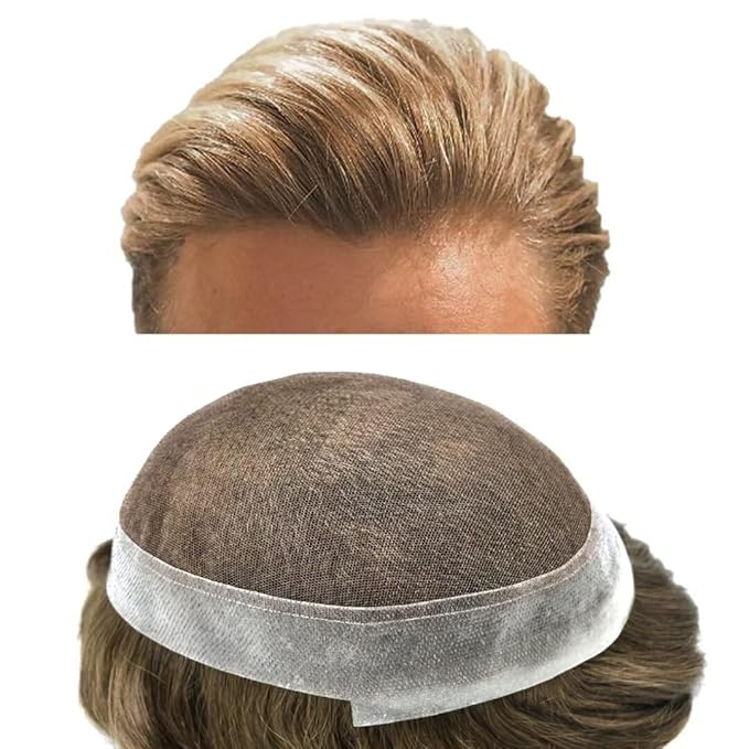 Mens Toupee Human Hair Piece French Lace Toupee for Man Hair System Indian Human Hair Replacement Systems V-Looped PU Front Hairpieces 7"X9" #1710 Dark Ash Blonde with 10% Gray