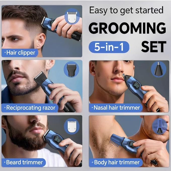 5-in-1 Electric Beard Trimmer Body Hair Trimmer Kit, Professional Cordless Hair Clippers for Men Rechargeable, IPX7 Waterproof Mens Grooming Kit for Face, Mustache, Body, Nose, Gifts for Men (Blue)