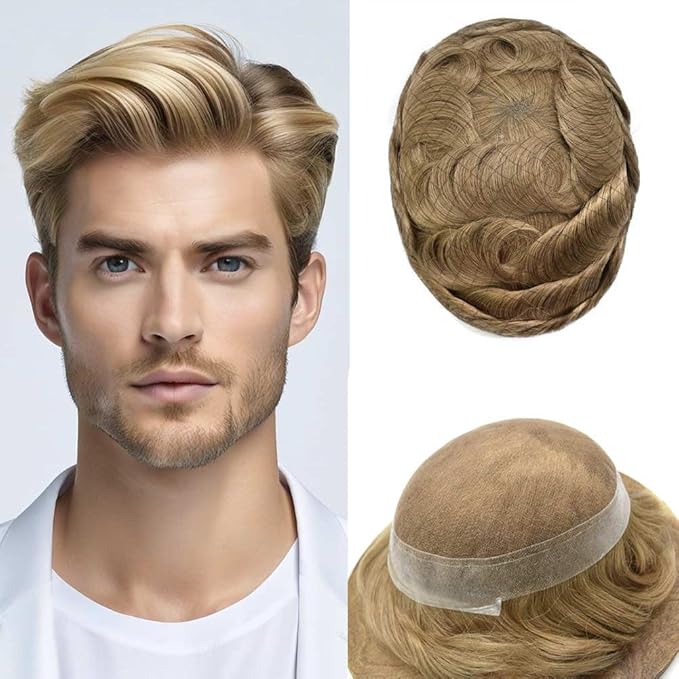 FACE MIRACLE Lace Front Mens Toupee Human Hair System Swiss Lace Center Toupee for Men Thin Skin PU Around Hair Replacement System V-Looped Mens Hair Wig Units 6"X9" #20 light ash blonde