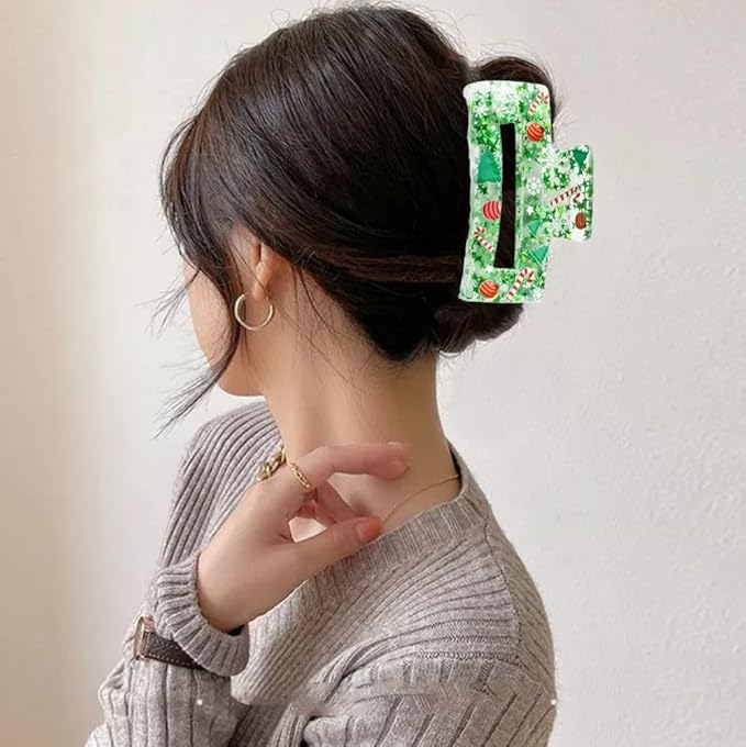 Christmas Hair Clips, Square Hair Claw Clips for Thick/Thin Hair, Green Glitter Snowflake Christmas Tree Design Medium Claw Clips, Strong Hold & Non-Slip Hair Styling Accessories for Xmas 1PCS