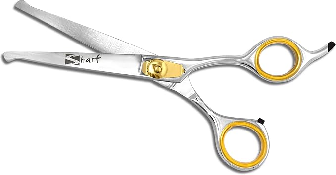 Sharf Dog Grooming Scissors, Gold Touch 6.5 Inch Curved Sharp Professional Pet Grooming Shear with Safety Round Tip, Ball Point for Safe and Easy Use Even for Nose, Ear and Face
