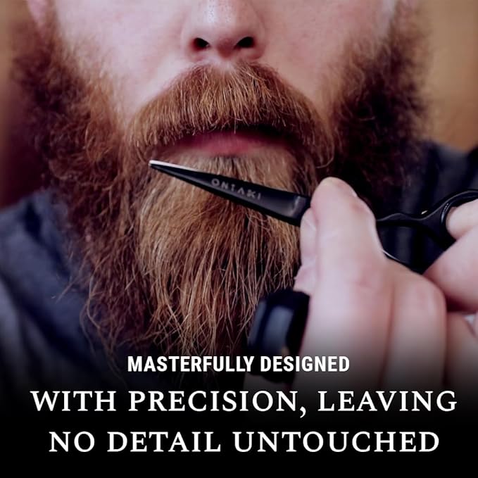Ontaki Mustache Scissors for Men - 5-Inch, Black - German High-Carbon Steel Bevel-Edge for Precision - Beard Trimming Scissors - Includes Grooming Kit with Mustache & Beard Combs & Carrying Pouch